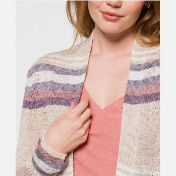 Lety & Me Cream and Purple Striped Crochet Knit Cardigan Sweater Size Medium - Picture 3 of 5